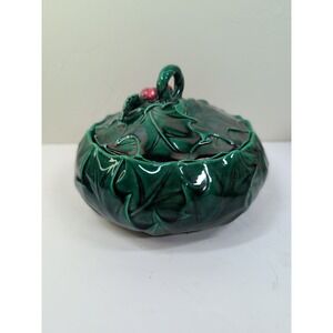 Vintage Lefton Green Holly Berries Candy Bowl 6"